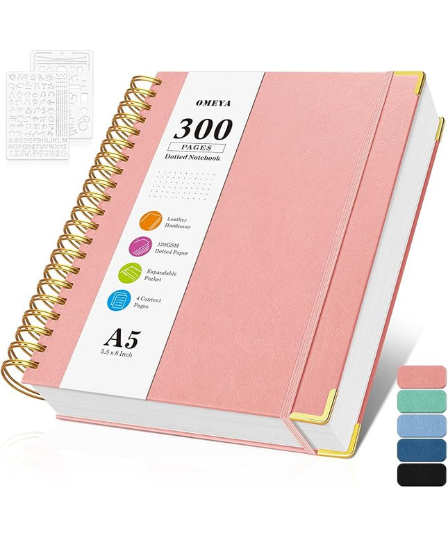 Bullet Dotted Journal Spiral Notebook, 300 Pages Leather Notebooks with Contens, 120 GSM Thick No Bleed Through Paper Journals, A5 Dot Grid Notebook for Women Men School Work Writing, 5.5" x 8", Pink