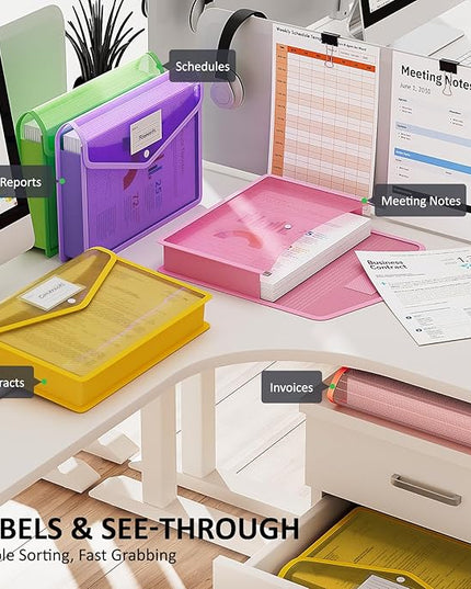 ThinkTex Plastic Expanding File Folder, Transparent Envelopes with Snap Closure,Suitable for Home, Office, School and Hospital, Large Capacity，No Dividers, Dopamine-5-Color, Fit Letter/A4 Size-5 Pcs