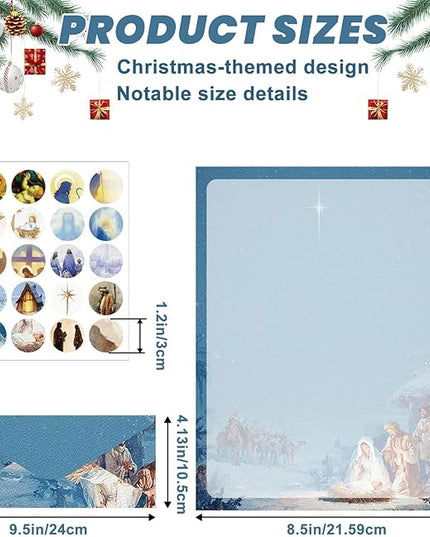 EggSun 250Pcs Christmas Stationery Paper and Envelope Set with 100 Letterhead Papers and 50 Envelopes, 10 Design for Letter Writing Invitations Computer Holidays Party Notes, 8.5x11 Inch-Nativity