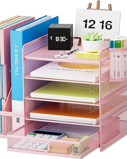 Marbrasse Desk Organizer with File Holder, 5-Tier Paper Letter Tray Organizer with Drawer and 2 Pen Holder, Mesh Desktop Organizer and Storage with Magazine Holder for Office Supplies(Pink)