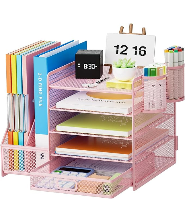 Marbrasse Desk Organizer with File Holder, 5-Tier Paper Letter Tray Organizer with Drawer and 2 Pen Holder, Mesh Desktop Organizer and Storage with Magazine Holder for Office Supplies(Pink)