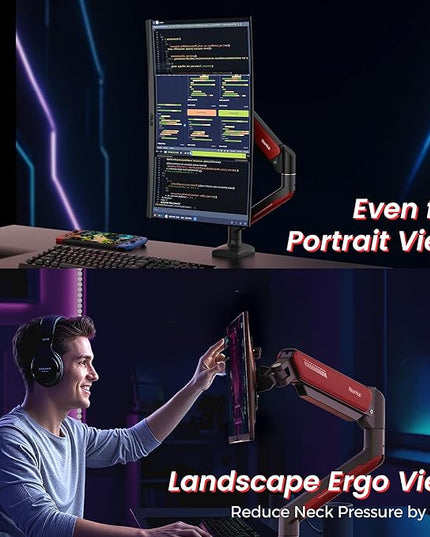 NearHub Gaming Monitor Mount for Computer Screen 13-32" and up to 22 lbs,360° Rotation,+90° to -45° Tilt,180° Swivel,with C Clamp and Grommet Base,Integrated Cable Management,75x75/100x100 VESA,RED
