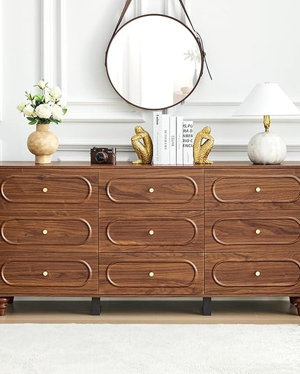 9 Drawer Fluted Dresser for Bedroom, Mid Century Modern Chest of Drawers, Wood Storage Small Dresser Organizer for Bedroom Living Room Hallway Closet, Walnut