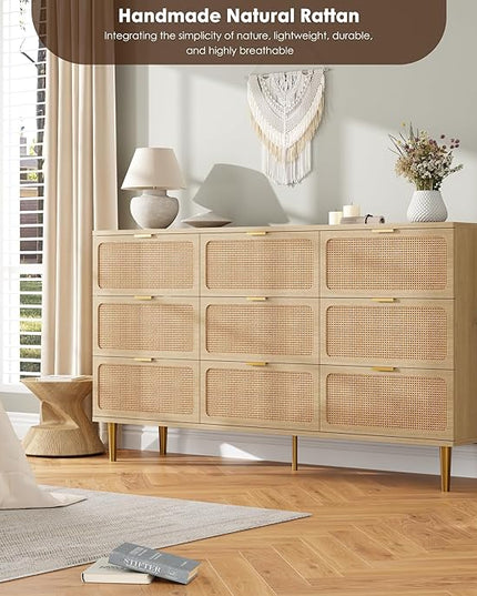 Garvee Rattan Dresser with 9 Drawers, Tall Modern Closet with Deep Storage, Large Chest of Drawers with Wide Top, Long Wooden Dresser for Bedroom, Living Room, Hallway, Kids Room, Natural
