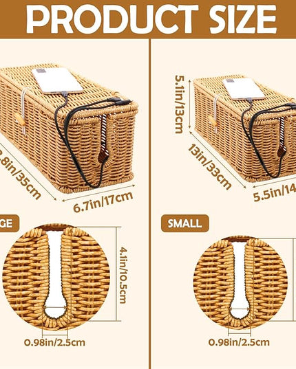 2PCS Cable Management Box, Handmade Rattan Cable Organizer, Open Slots Cords Hider Box Cord Basket Under Desk Cord Organizer for Computer Router USB Hub & Power Strip