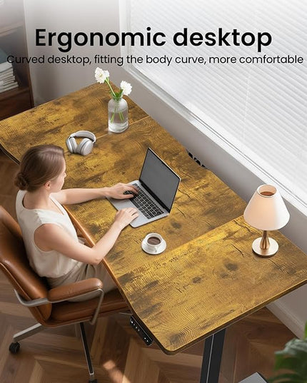 Veken 63 x 28 Inch Electric Standing Desk, Sit to Stand Up, Work Home Office Computer Table for Study, Walking Pad, Writing, and Games, Wooden Desktop Desks, Brown