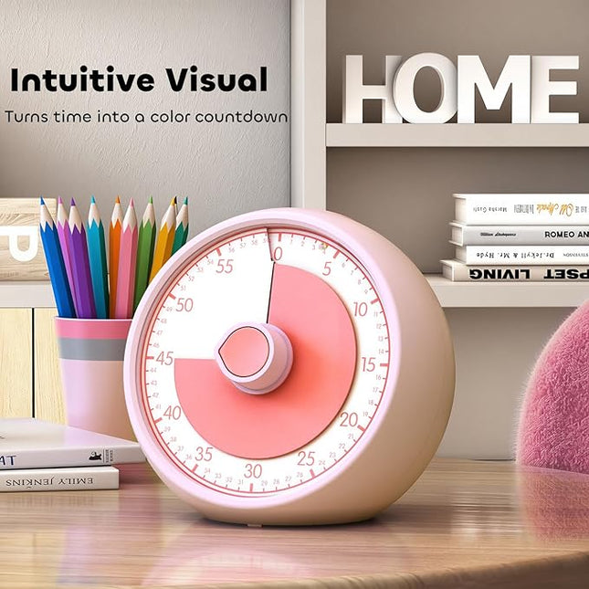 Conchstar Visual Timer for Kids 60-Minute - Countdown Timer with Optional Alarm, Focus Tool for ADHD & Autism, Time Management for Homework, Chores, Office, Kitchen, Teaching & Study Routines (Pink)