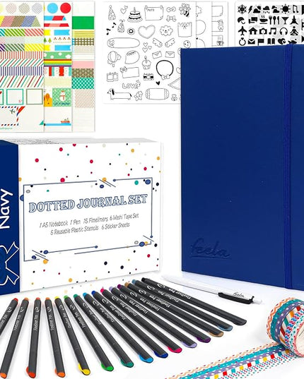 feela Dotted Journal Kit, Dot Grid Journal Hardcover Planner Notebook Set For Beginners Women Girls Note Taking with Journaling Supplies Stencils Stickers Pens Accessories, A5, 224 Pages, Navy