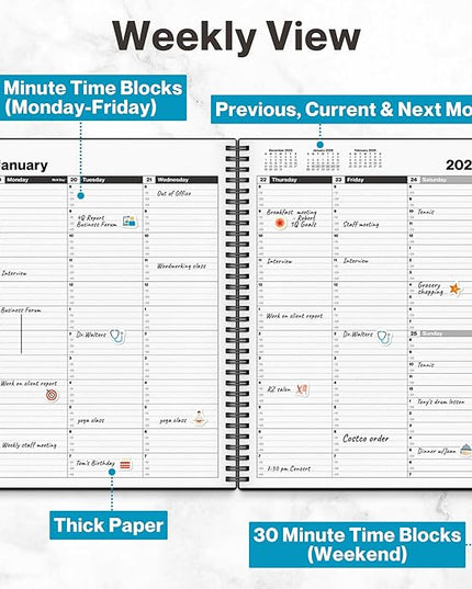 Dunwell Daily Planner 2026, 8.5x11 Appointment Book, 15-Min Hourly Schedule, Jan to Dec 2026, Large Planner with Colorful Tabs, Premium Paper Quality