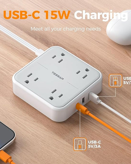 TESSAN Surge Protector Power Strip, 3 Ft Ring Pull Extension Cord with Multiple Outlets, 3 USB (1 USB C) 4 Outlets, 900J Surge Protection, Desktop Charging Station for Home, Office, Dorm Room
