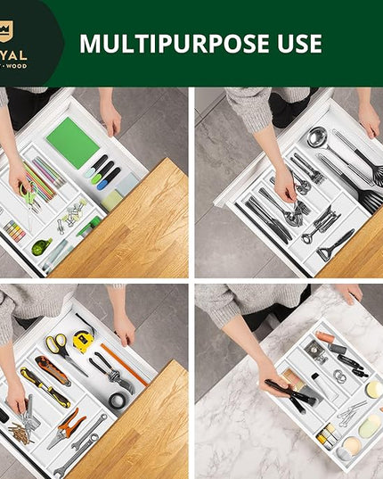ROYAL CRAFT WOOD Luxury Bamboo Kitchen Drawer Organizer - Silverware Organizer - Utensil Holder and Cutlery Tray with Grooved Drawer Dividers for Flatware and Kitchen Utensils (7 Slot, White)