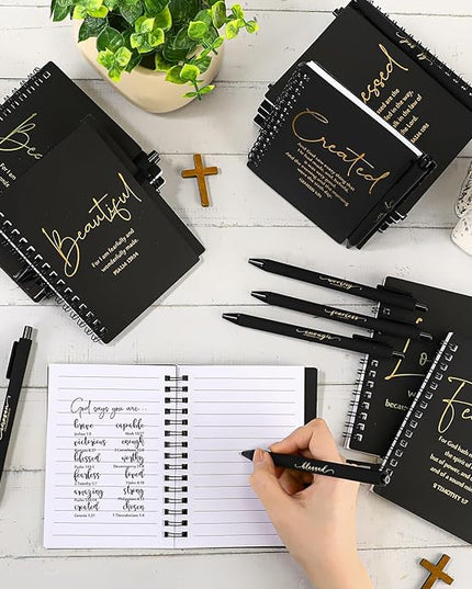 Kosiz Inspirational Valentines Christian Gifts Bulk A6 Notebook Prayer Journal with Pens Spiral Journal Religious Gift for Women Men Church Bible Study Group Teacher Coworker(48 Sets,Black)