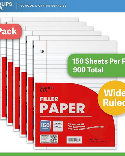 Wide Ruled Loose Leaf Paper Wide Ruled Notebook Paper Lined Writing Filler Paper 10.5” x 8” 56 gsm 900 Sheets 150 Sheet Per Pack (6 Pack)
