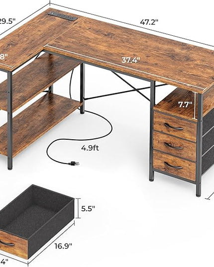 Huuger L Shaped Office Desk with Power Outlets, 47 Inch Computer Desk with 3 Drawers, Shelves, for Gaming, Corner Work, Home Office, Study, Rustic Brown