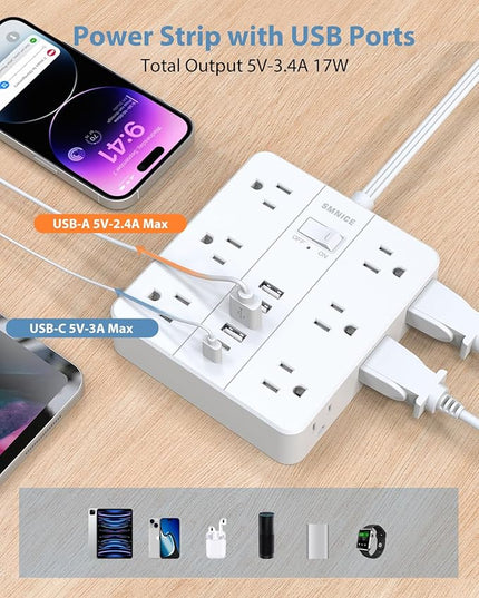 Surge Protector Power Strip 15 Ft Extension Cord, 12 Widely Spaced Outlets 6 USB (2 USB C) Ports, Ultra Thin Flat Plug Surge Protection for Home, Office, Dorm Room Essentials