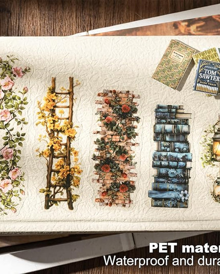 AuriicLeaf Bookish Garden PET Sticker Set, 120PCS Floral and Book Themed Scrapbooking Stickers, Waterproof Stickers for Journal, Diary, DIY Crafts