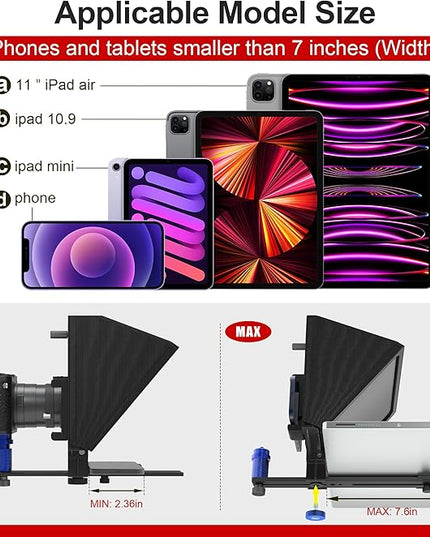 9.3-Inch All-Metal Teleprompter, 70/30 Beam Split Glass, 1/4’’ Thread, Phone & Camera Compatible, Portable for Video Recording