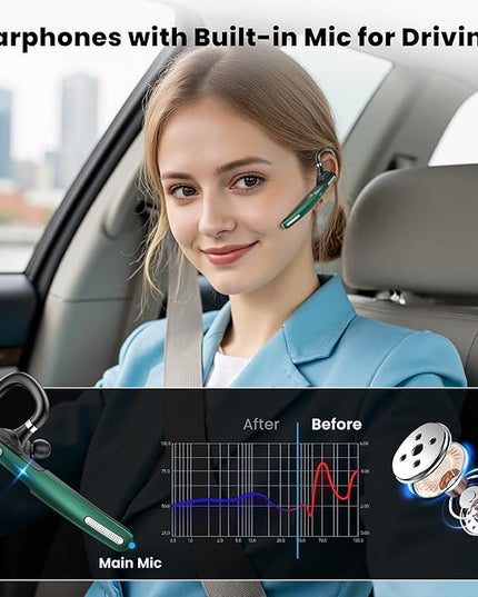 ICOMTOFIT Bluetooth Headset, Wireless Bluetooth Earpiece V5.0 Hands-Free Earphones with Built-in Mic for Driving/Business/Office, Compatible with iPhone and Android (Green)
