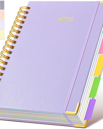 Hardcover Spiral Notebook journal with Removable Dividers Tabs, 300 Pages Leather 5 Subject Notebook College Ruled, 8"x10" Large B5 Notebooks for Work School Note taking,Lined Journal for Women,Purple