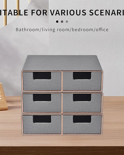 RHCSZ Linen Leather Desk Organizer with Drawers－Mini Desktop Drawer Organizer Stackable－Multifunctional Tabletop Organization Storage Box for Office Supplies Home Vanity Toiletries (Grey, 2-drawers)
