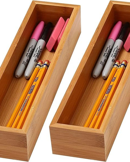 YBM Home Bamboo Drawer Organizer Storage Box for Kitchen Drawer, Junk Drawer, Office, Bedroom, Children Room, Craft, Sewing, and Bathroom, 2 Pack 3x12x2 inch