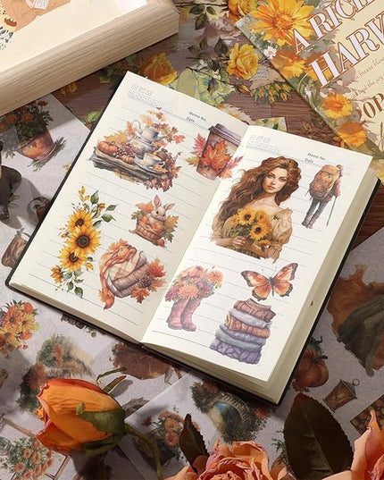 Auguro Scrapbook Stickers 20 Sheets 240 Pre-Cut Washi Stickers for Journaling PET Transparent Book Sticker Sunflower Sticker Decorative or DIY Paper Crafts, Arts and Crafting Projects