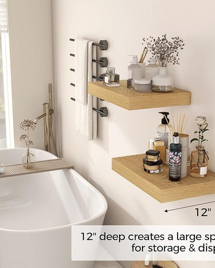 12 Inch Deep Floating Shelves, 16 x 12 Floating Shelf for Books, Rustic Wood Deep Wall Shelves for Home Storage & Display, 2" Thicked Shelves for Kitchen, Living Room, Bedroom, Oak Color, 2 Pack