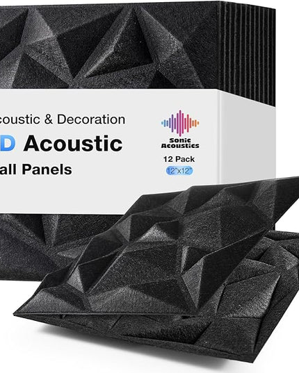Acoustic 3D Wall Panels,12Pack Sound Proof Felt Panels for Interior Wall Décor, Hollow Sound Absorbing Panel for Studio, Living Room, Home, Hotel, 12''x12'' Cover 24 sq ft (Black, 12 Pack)
