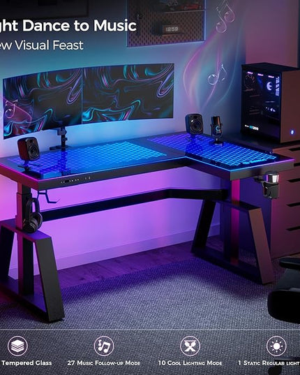 EUREKA ERGONOMIC Standing Desk,Gaming Table,Glass RGB Desks, Height Adjustable Computer 60 Inch L Shaped Corner Desk Music Studio Desk Workstation w Type-C Port,Cup Headset Holder,APP Control,Right
