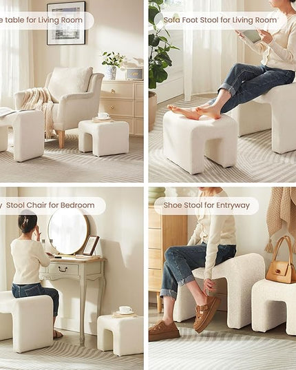 Small Footstool Ottoman Vanity Stool Chair Seating Backless Modern Foot Rest Teddy Velvet Ottoman Set for Makeup Room Living Room Bedroom Entryway,White (2-in-1)