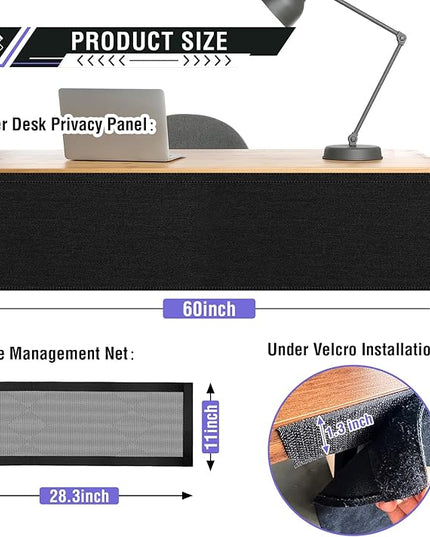 14.9 x 60 Inch Under Desk Privacy Panel with Table Cable Management Net Desk Skirt Modesty Desk Panel Self-Gripping Straps for Office and Home