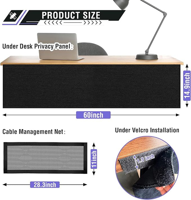 14.9 x 60 Inch Under Desk Privacy Panel with Table Cable Management Net Desk Skirt Modesty Desk Panel Self-Gripping Straps for Office and Home