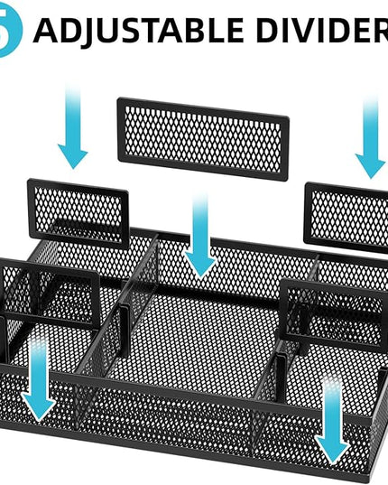 Marbrasse 2 Pack Desk Drawer Organizer, Mesh Drawer Organizer Tray with 8 Adjustable Compartments, Desk Organizers and Accessories, 5 Dividers Drawer for Office Supplies, Makeup & Vanity (Black-2P)
