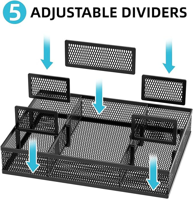 Marbrasse 2 Pack Desk Drawer Organizer, Mesh Drawer Organizer Tray with 8 Adjustable Compartments, Desk Organizers and Accessories, 5 Dividers Drawer for Office Supplies, Makeup & Vanity (Black-2P)