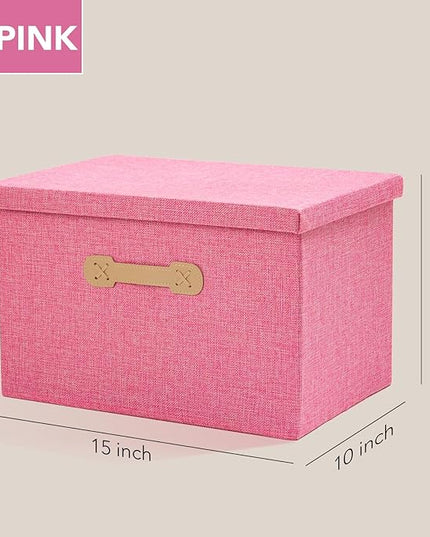 Enzk&Unity Decorative Storage Bins with Lids, Fabric Linen Foldable Storage Box with Handle Home Organizer for Shelf, Closet, Bedroom, Living Room, Office, 3 Packs, Pink