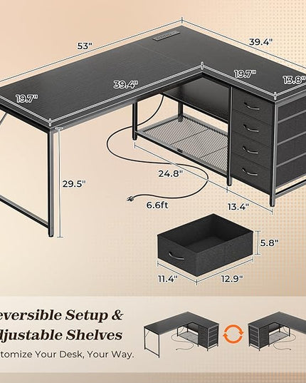 PRAISUN 53" L Shaped Desk with Power Outlets and USB-C Port, Reversible Computer Corner Office Desk with 4 Fabric Drawers and 2 Height-Adjustable Shelves, Large for Gaming Writing Work Study, Black