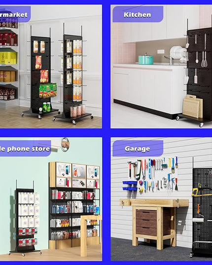 Metal Pegboard Panels - Double Sided Peg Board Shelving with 30 Hooks,63x23x15 in,Portable Peg Board Organizer for DIY, Kitchen Decoration,Mobile Phone Shop/Black