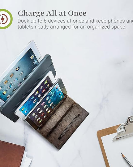 Prosumer's Choice Multi Device Charging Station Wood - Desktop Organizer with Holder for Multiple Phones - Elegant Wooden Desk Accessories - 6 Device Charging Station for Work from Home and Office