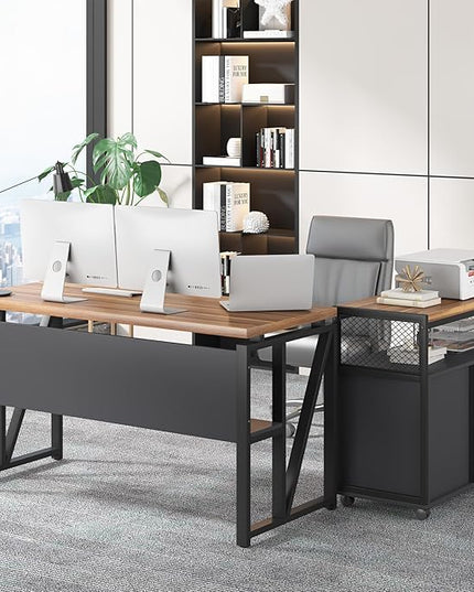 Tribesigns 55" Executive Desk with Reversible File Cabinet, Large L-Shaped Office Desk with Drawers, Business Furniture Workstation for Home Office (Dark Walnut, 55-inch)