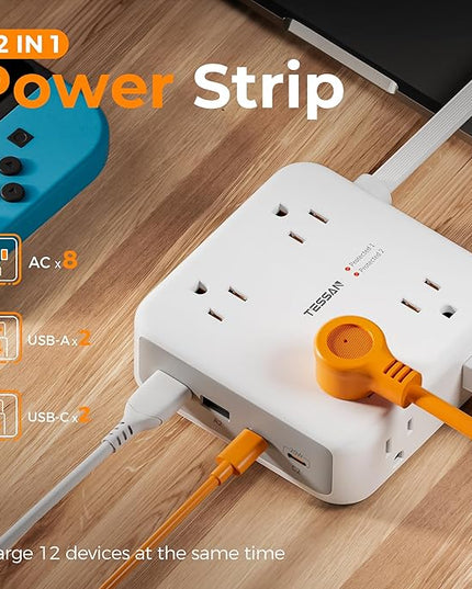 TESSAN Surge Protector Power Strip, 5 Ft Extension Cord Flat Wall Plug with 4 USB (2 USB C) 8 Outlets, 2100J Dual Surge Protection, 20W Multiple Charging Station for Home, Office, College, Dorm Room