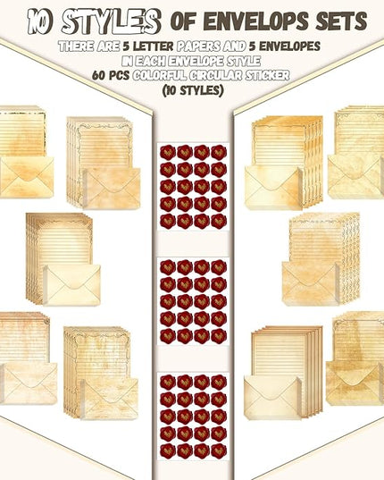 TaoBary 160 Pcs Stationery Paper Set 50 Double Sided Stationery Papers with 50 Matching Envelopes and 60 Round Dot Sticker, 10 Design(Vintage,5.5 x 8.25 Inch)