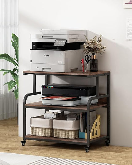 32.3" Wide Extra Large Printer Stand, 3 Tier Printer Table with Adjustable Storage Shelf, Rolling Printer Cart with Industrial Wheels for Home Office, Rustic Brown