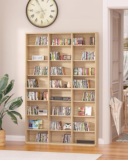 LELELINKY 8 Tier Tall Display Cabinet, Natural Media Storage Cabinet with Adjustable Shelves, Free Standing DVD Organizer Shelf, Floor multimedia storage manga bookshelf for Living Room & Home Office.