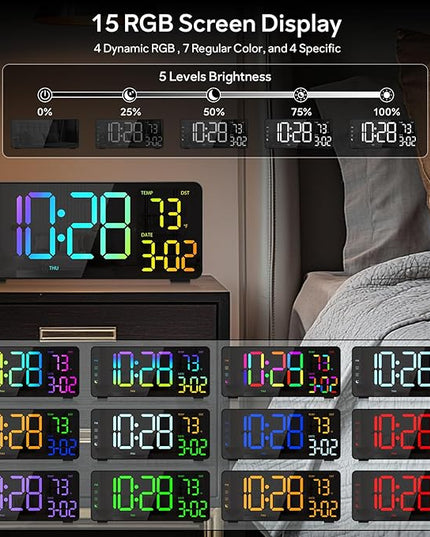 Digital Alarm Clocks for Bedrooms, RGB Desk Clock with 15 Color Display, Date Temperature and Weekday, DST, Snooze, 2 Alarms, Ambient Lighting for Living Room, Bedside Office Gaming Desk Decor