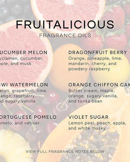Eternal Essence Oils Fruitalicious Set of 6 Premium Fragrance Oils - Violet Sugar, Kiwi Watermelon, Orange Chiffon Cake, Cucumber Melon, Portuguese Pomelo, and Dragon Fruit Berry Scented Oils - 10ML