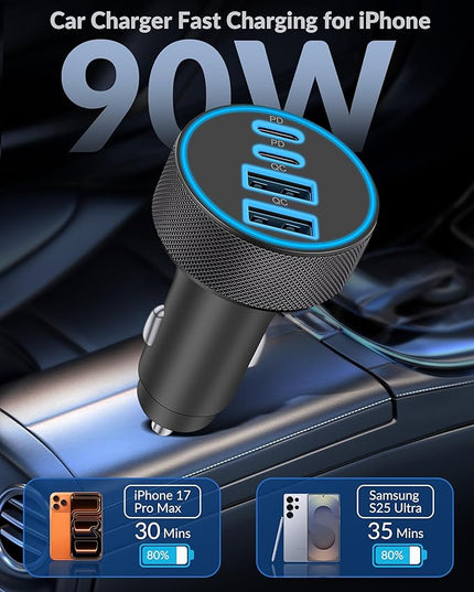 [2-Pack] Car Charger USB C, 4 in 1 90W Fast Charging 4-Port Dual 45W USBC & USB A Phone Car Charger Cargador Carro Lighter Adapter for iPhone 17 16 15 14 13 12 Pro Max, iPad, Galaxy, Tablet, Android