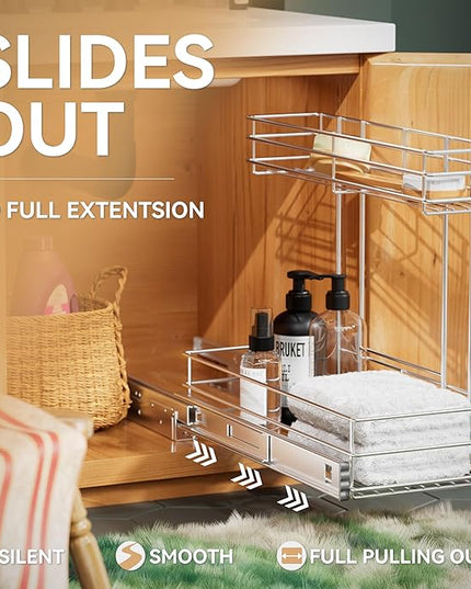 Under Sink Organizer 9"W X18.5"D，Pull Out Cabinet Organizer 2 Tier，Under Sink Slide Out Organizer Chrome Plated, Under Kitchen Bathroom Sink Organizer, Pantry Cabinet Closet Organization Rack, 1 Pack