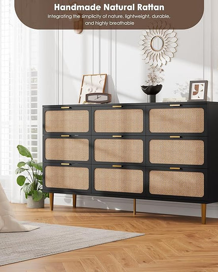 Garvee Rattan Dresser with 9 Drawers, Tall Modern Closet with Deep Storage, Large Chest of Drawers with Wide Top, Long Wooden Dresser for Bedroom, Living Room, Hallway, Kids Room, Black