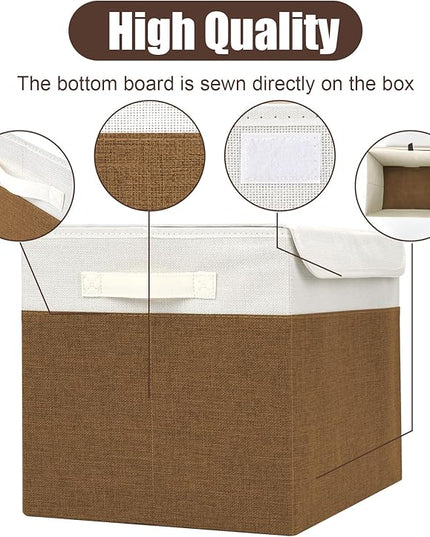Large 17" 42 Quarts Collapsible Stackable Storage Bins with Lids [3-Pack] Foldable Fabric Linen Storage Boxes Cube, Closet Organizer Baskets with Label for Home (16.7 x 12 x 12", Brown & White)