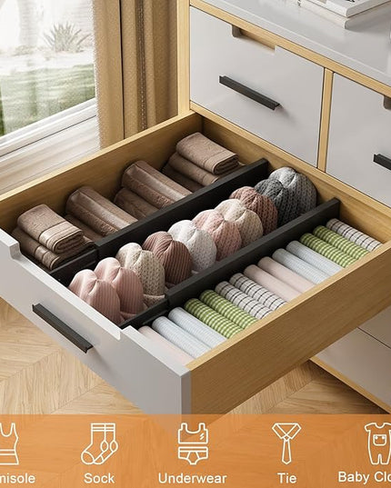 Bamboo Drawer Dividers,17-22" Adjustable Kitchen Drawer Organizer for Clothes,8 Pack Expandable Drawer Organization Separators for Bedroom,Bathroom,Dresser and Office,Black